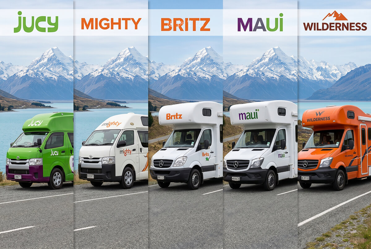 紐西蘭常見露營車品牌車身識別：JUCY、Mighty、Britz、maui 與 Wilderness 並排