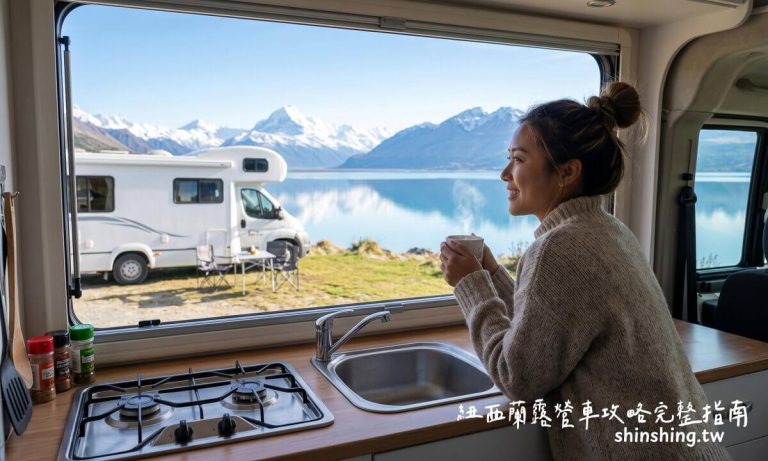 女性在露營車內靠窗而坐，手持咖啡杯，窗外是雪山環繞的湖泊風景和另一台露營車，展現紐西蘭湖區的壯闊景色。
