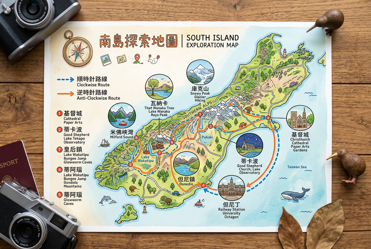 南島探索地圖平放在木製桌面上，周圍擺放復古相機、護照和楓葉裝飾，展示旅遊規劃的場景