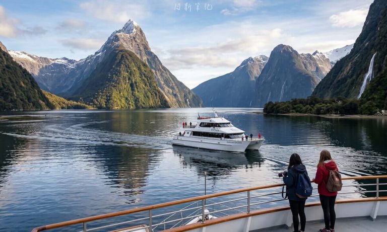 米爾福德峽灣的壯麗景色，遊輪在清澈湖水中航行，兩側高聳的雪山和瀑布映入眼簾，遊客站在船邊欣賞美景。