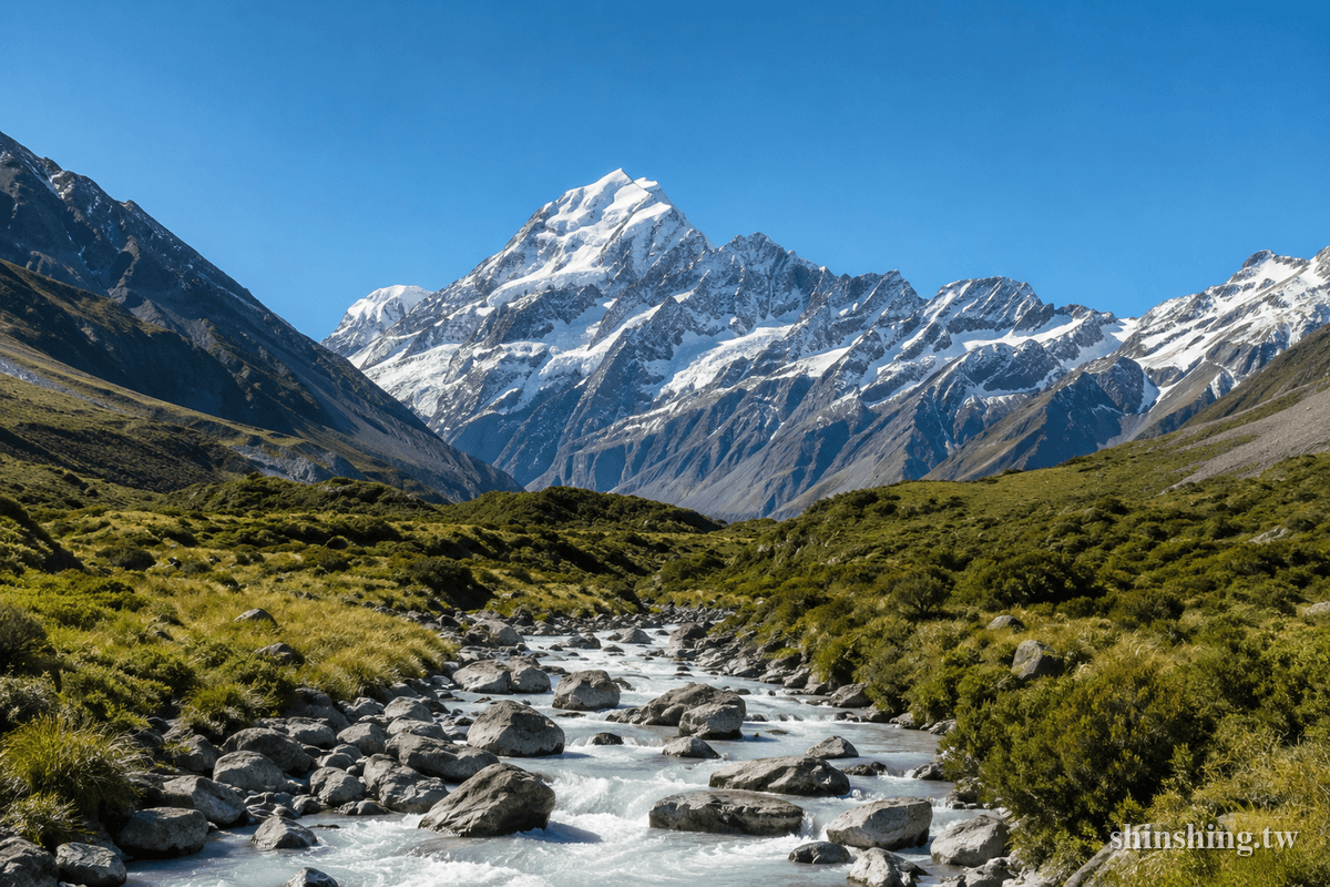 Hooker Valley Track 步道與 Hooker River,背景紐西蘭最高峰 Aoraki/Mt Cook