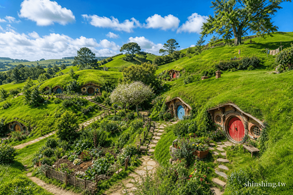 霍比特村 Hobbiton 全景，Matamata 翠綠草丘上圓形霍比特人洞穴門與派對樹，陽光下的奇幻田園場景