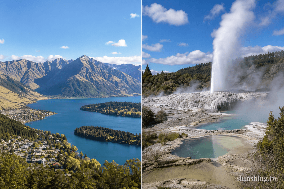 紐西蘭北島南島比較——左側皇后鎮湖光山色，右側羅托魯瓦地熱噴泉