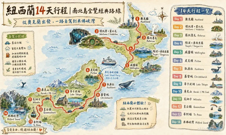 紐西蘭 14 白天 Itinerary 北 南島 Classic 路線 地圖 V2