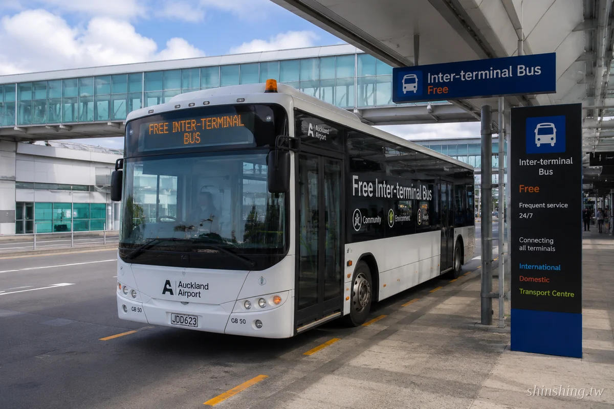 奧克蘭機場免費航廈接駁巴士停靠站牌旁,站牌標示 Inter-terminal Bus Free、24/7 頻繁發車