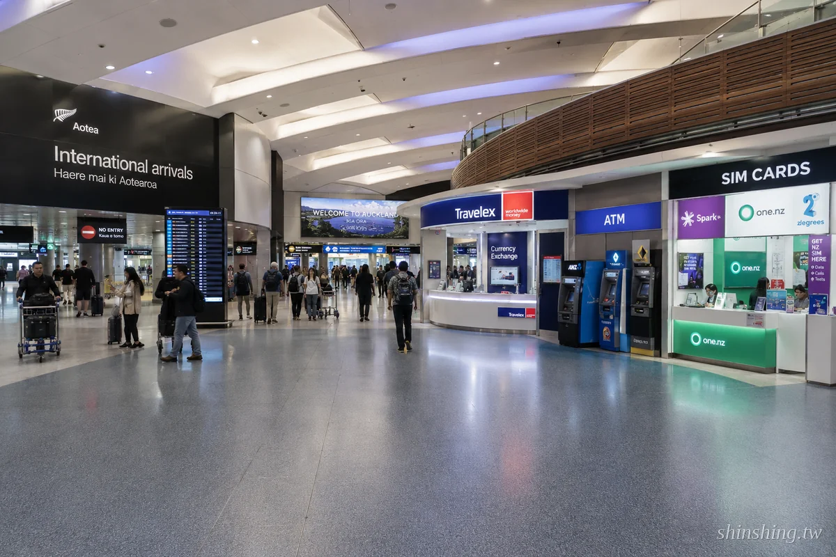 奧克蘭機場國際入境大廳,中英雙語指示牌與換匯、SIM 卡櫃檯