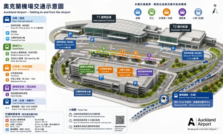 紐西蘭 奧克蘭 機場 T1 T2 交通 示意圖 資訊圖 Zh V3