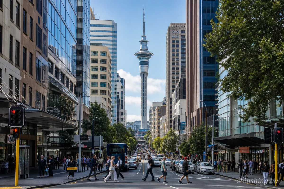 奧克蘭市中心街道車流排隊等紅燈,遠處是天空塔 Sky Tower,人行道上滿是行人
