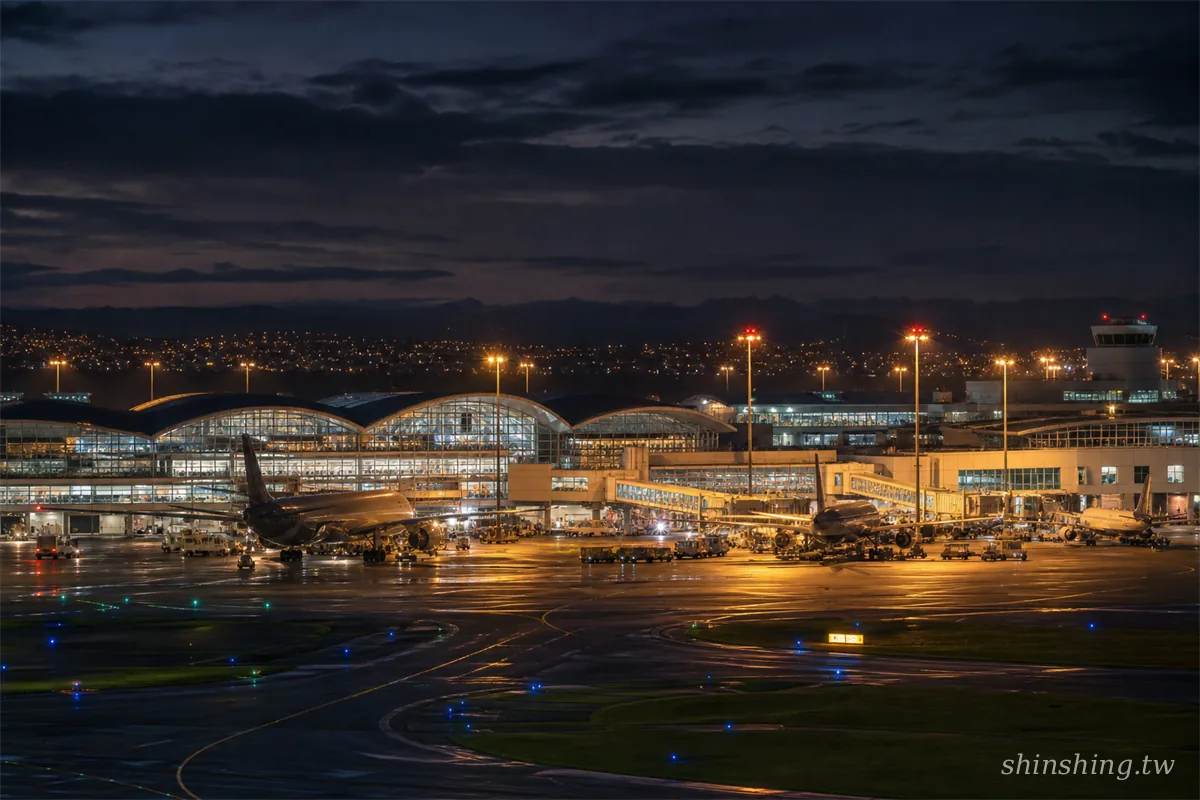 紐西蘭奧克蘭國際機場夜間航廈與停機坪，燈火通明，是台灣旅客進入紐西蘭的主要入境門戶