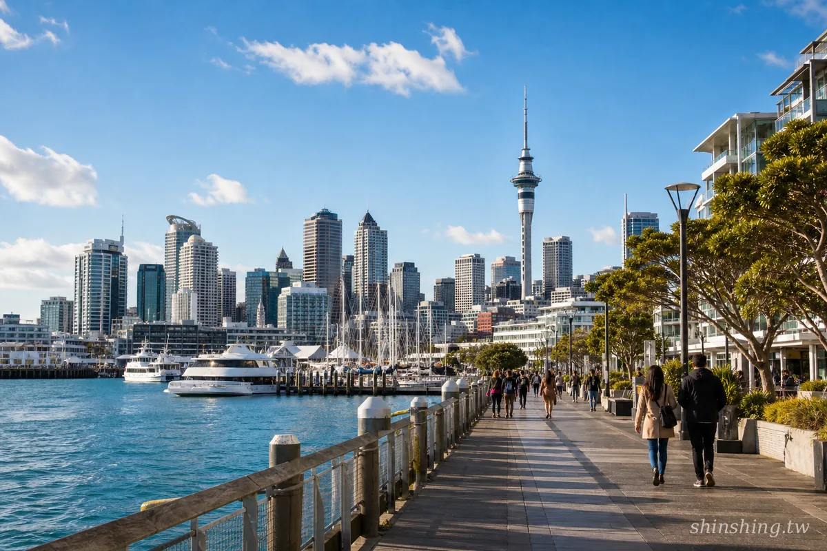 奧克蘭海濱步道與 Sky Tower 天空塔市區天際線