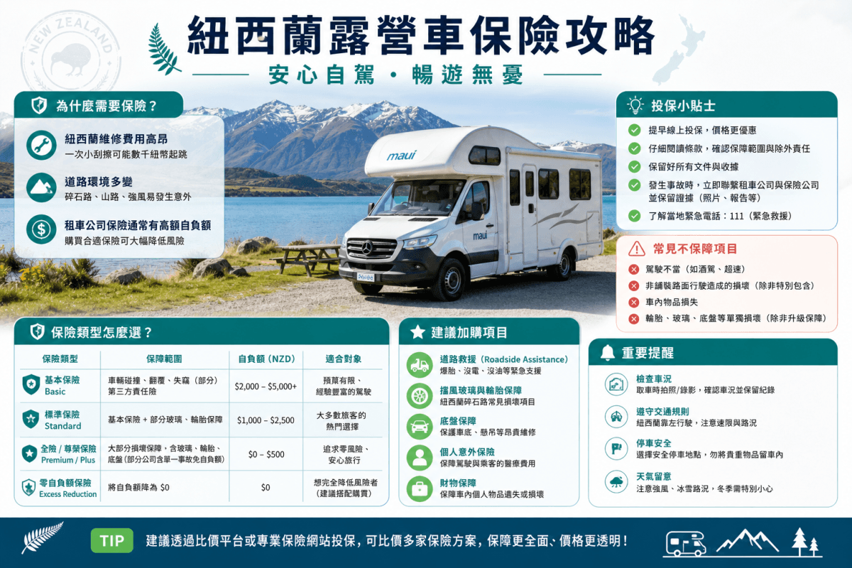 紐西蘭露營車保險與自付額比較重點圖