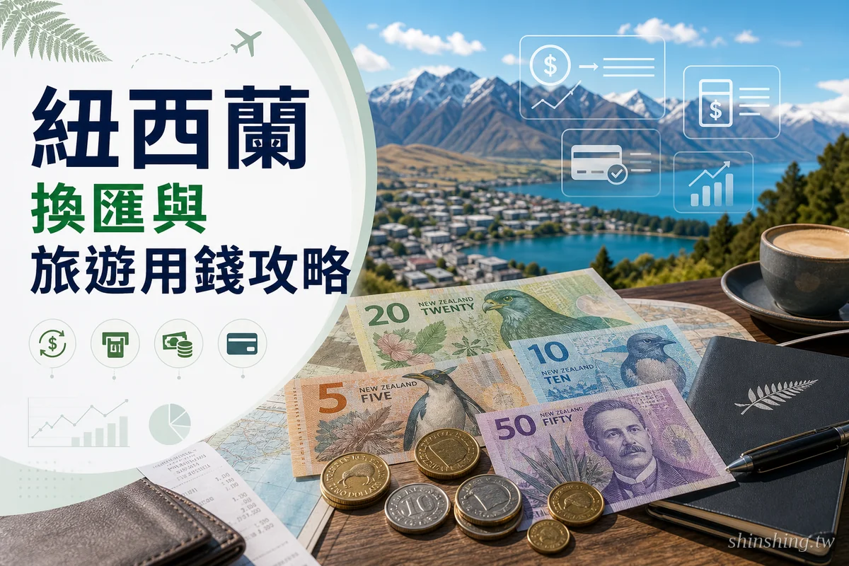紐西蘭換匯攻略封面，紐幣鈔票與硬幣展示換匯重點