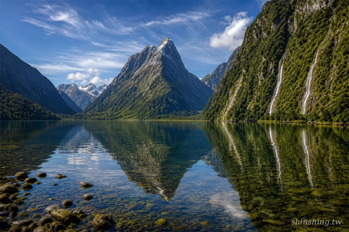 峽灣國家公園 Fiordland 米佛峽灣 Mitre Peak 壯麗全景，碧綠湖面倒映著尖峰與瀑布