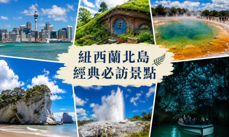 紐西蘭北島六大經典景點的拼貼，包括奧克蘭天際線、霍比屯、彩泉地熱區、白崖海灘、間歇泉及螢火蟲洞。