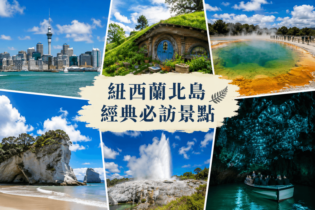 紐西蘭北島必去景點拼貼 — 奧克蘭、羅托魯瓦地熱、霍比特村、懷托摩螢火蟲洞、威靈頓