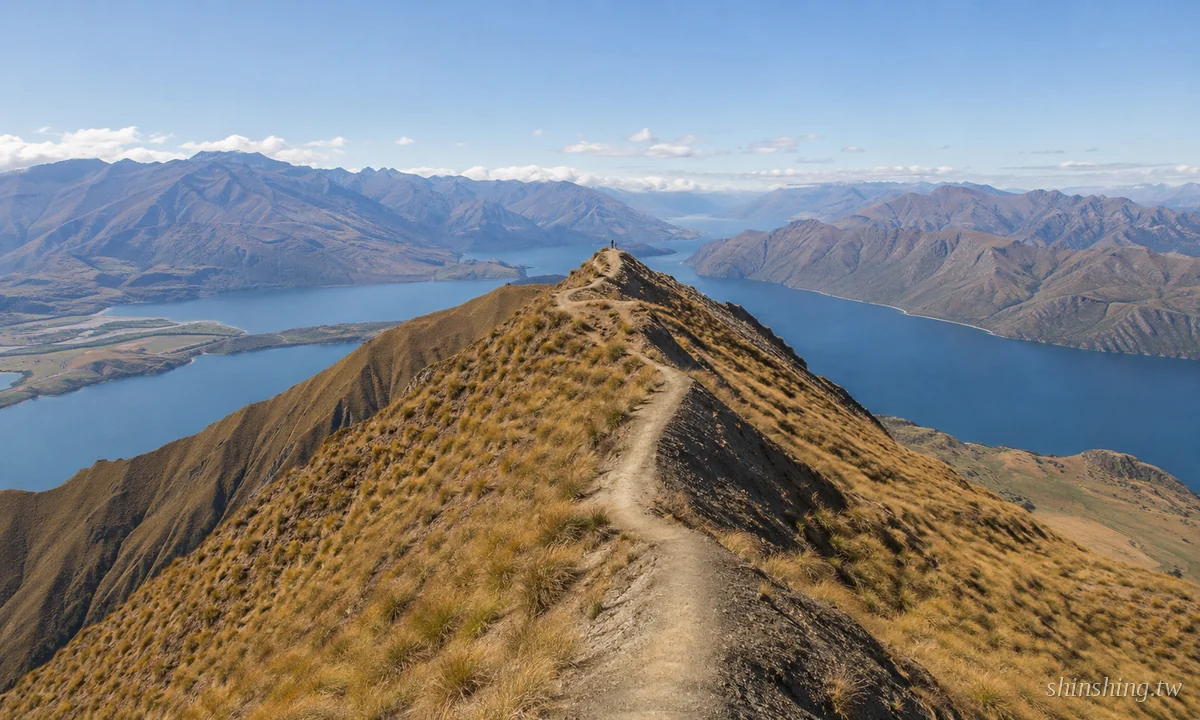 Roy’s Peak 接近山頂的之字形步道與俯瞰 Lake Wānaka 的健行者