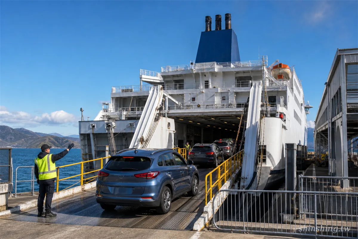 自駕車輛正沿著跳板開上 Interislander 渡輪車艙,工作人員指揮
