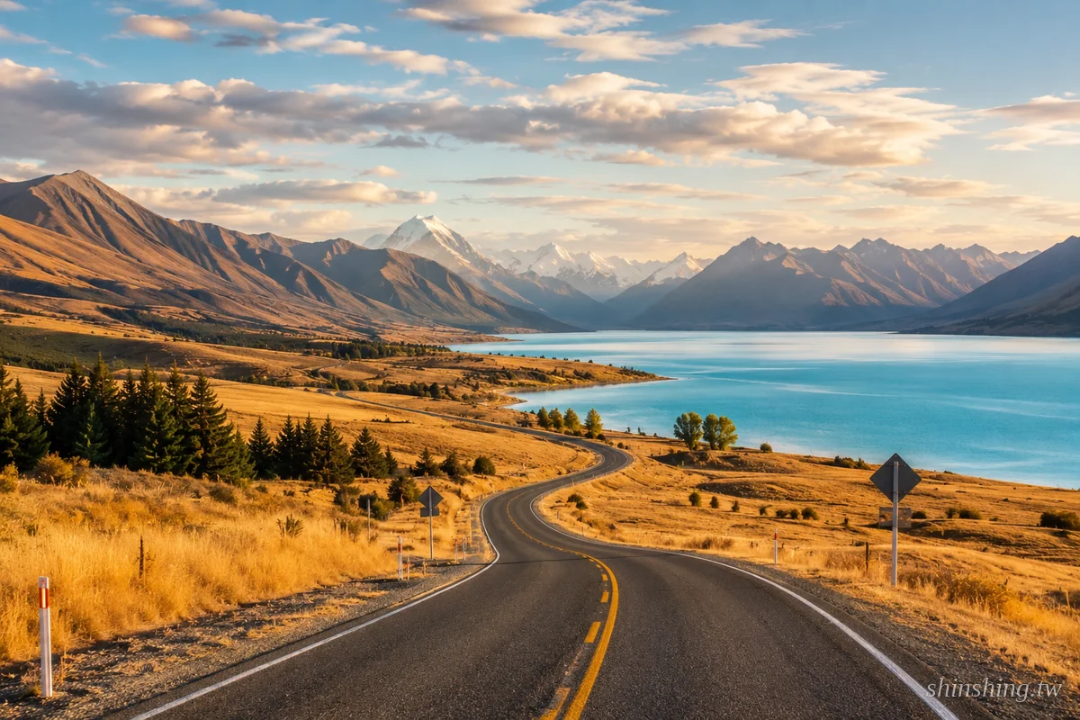 紐西蘭南島自駕路線：SH80 沿 Lake Pukaki 通往庫克山的經典蜿蜒公路，南島自駕最具代表性的畫面