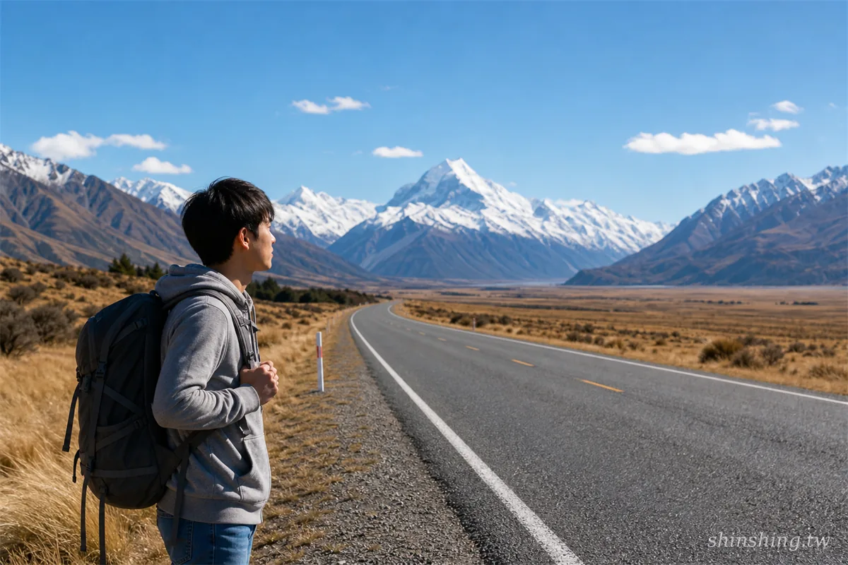 紐西蘭南島公路旁的背包客視角，遠處雪山與庫克山清晰可見
