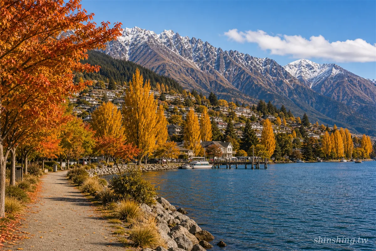 皇后鎮湖濱街區與雪蓋 The Remarkables 山脈