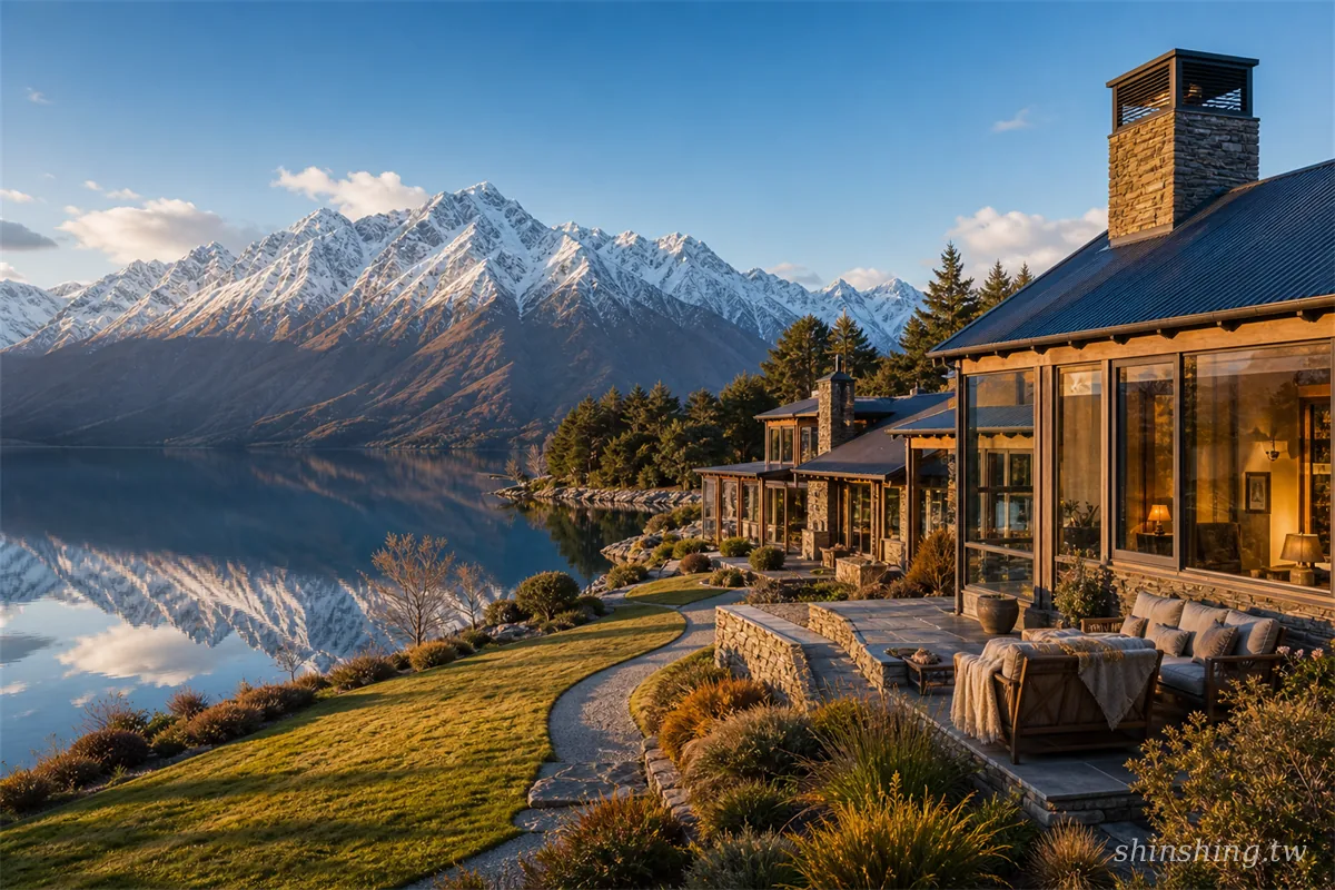 紐西蘭奢華旅遊 Blanket Bay Lodge 瓦卡蒂普湖畔全景，雪山倒映湖面