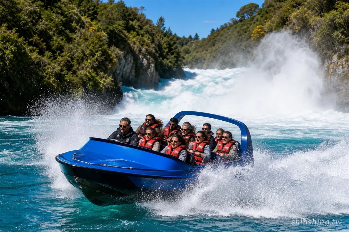 Hukafalls Jet 在陶波 Huka Falls 瀑布前的藍色快艇,年齡限制最寬、最適合親子的噴射快艇