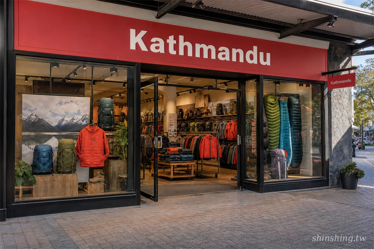 紐西蘭 Kathmandu 戶外用品店門市外觀，櫥窗陳列羽絨外套與登山背包