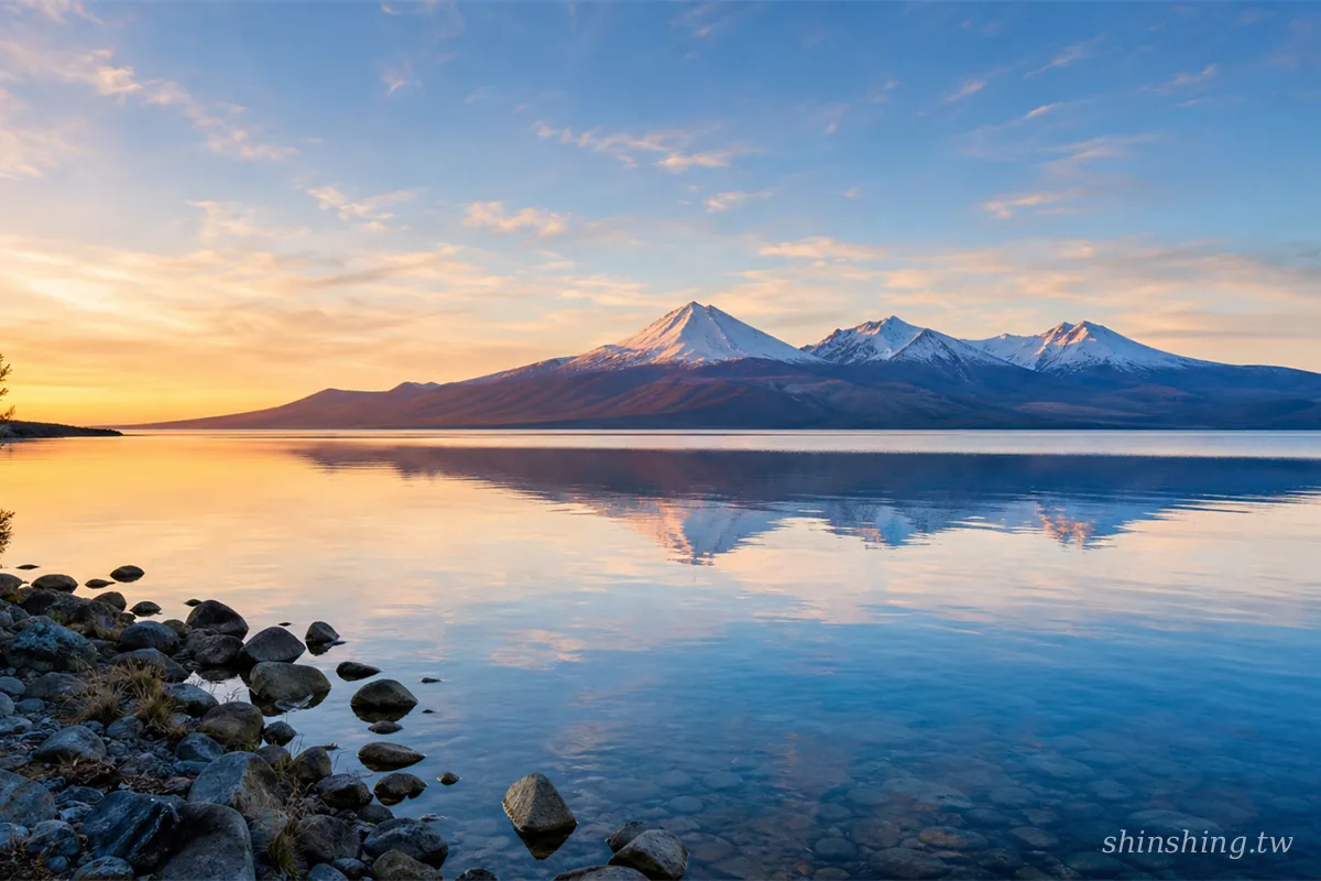 陶波湖 Lake Taupo 晨光全景，湛藍湖水倒映遠處托卡里羅火山，氣勢磅礡