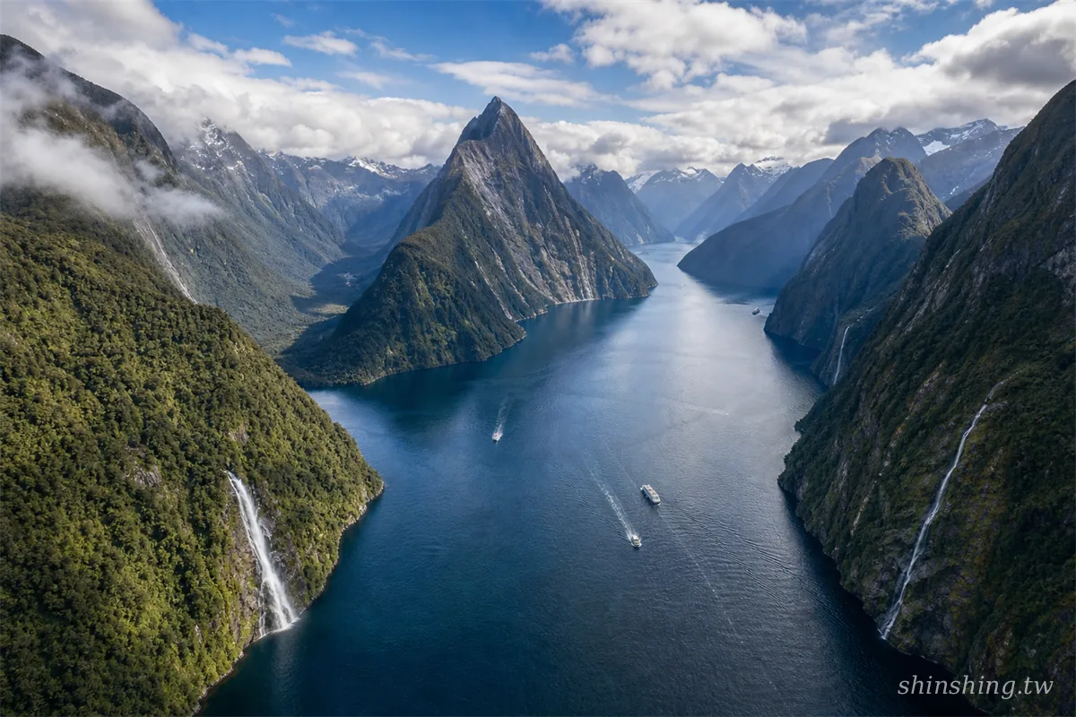 紐西蘭國家公園 Fiordland 米佛峽灣 Milford Sound 空拍全景，壯闊峽灣與垂直山壁