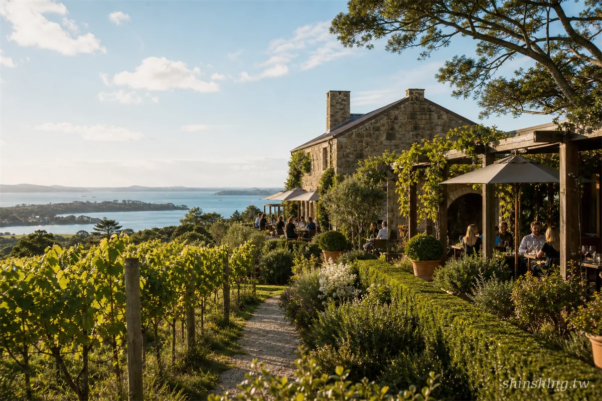懷赫克島 Mudbrick 酒莊整齊葡萄藤列與海景