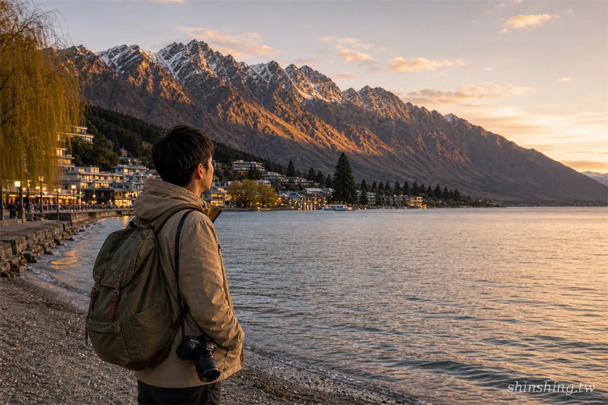 皇后鎮一人旅行，獨自站在 Lake Wakatipu 湖畔望 The Remarkables