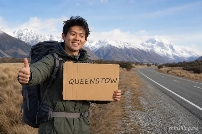 背包客在庫克山公路旁搭便車，手舉「QUEENSTOWN」紙牌豎起大拇指，代表紐西蘭省錢自助旅行