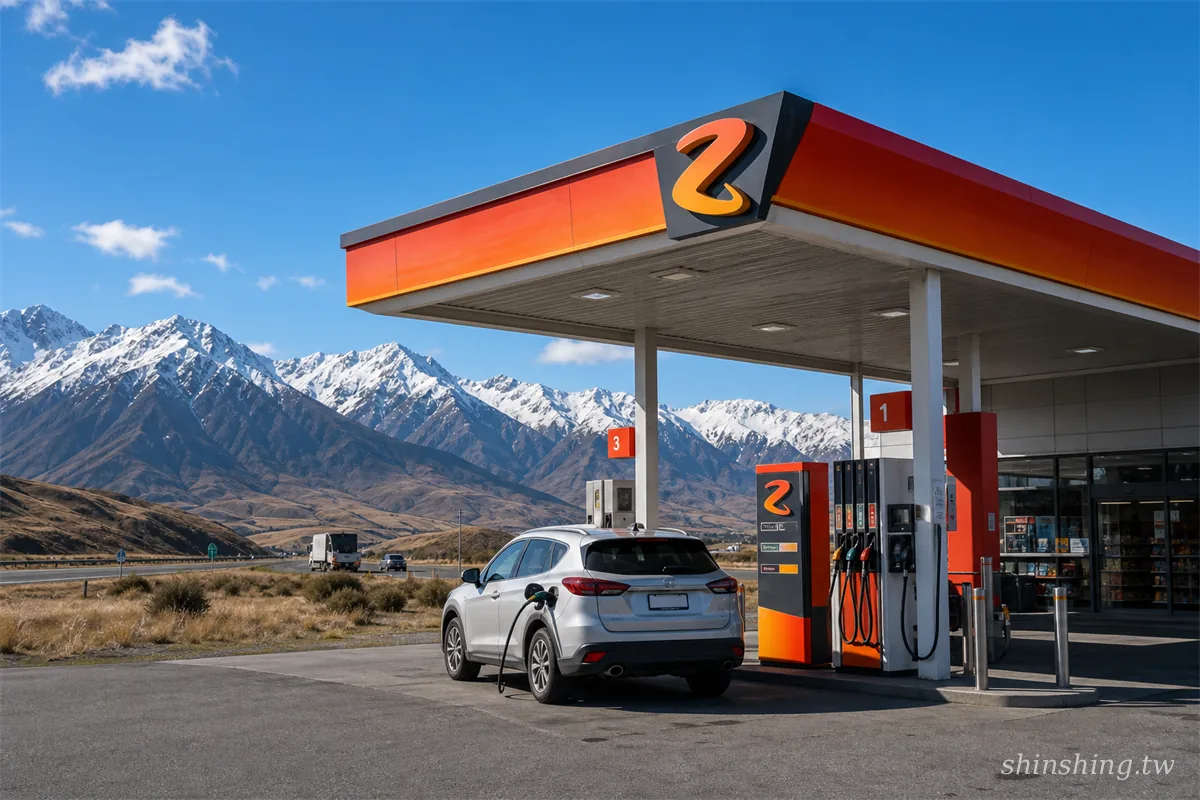 紐西蘭南島公路旁 Z Energy 加油站，背景是南阿爾卑斯山脈雪山