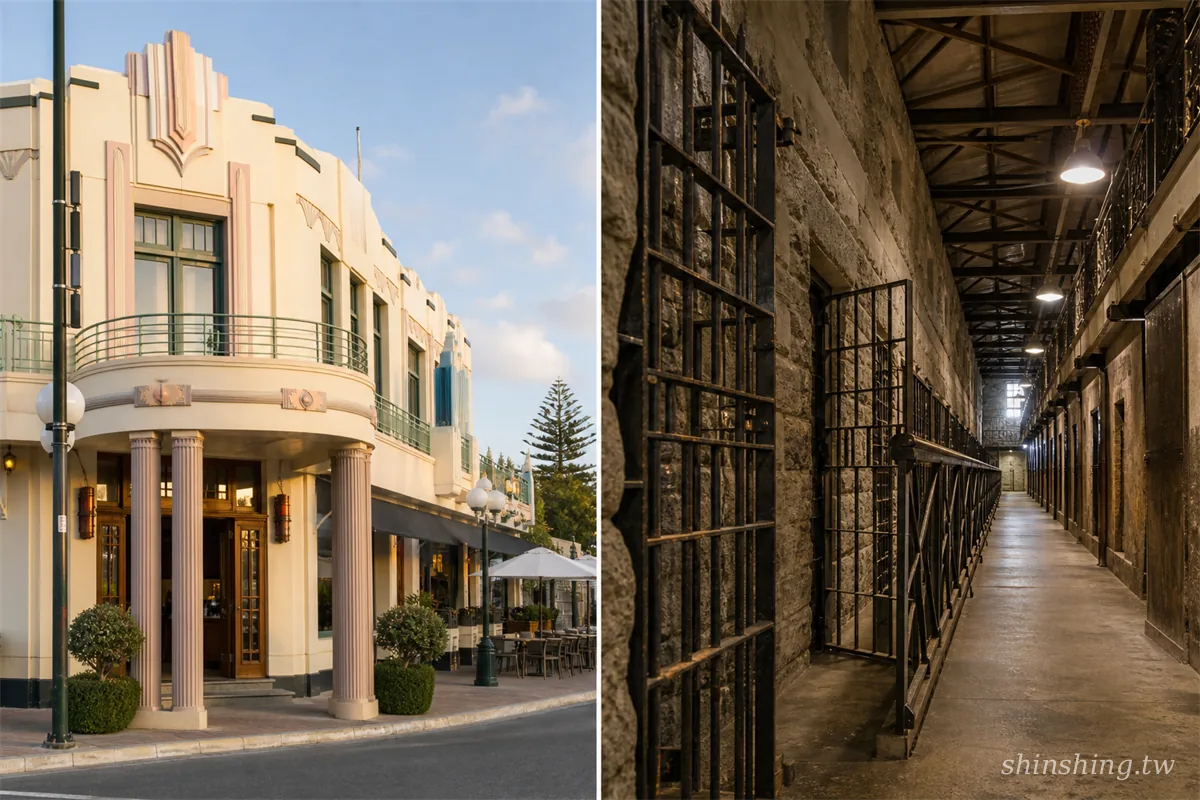 The Crown Hotel Art Deco 立面與 Napier Prison 鐵欄杆走廊