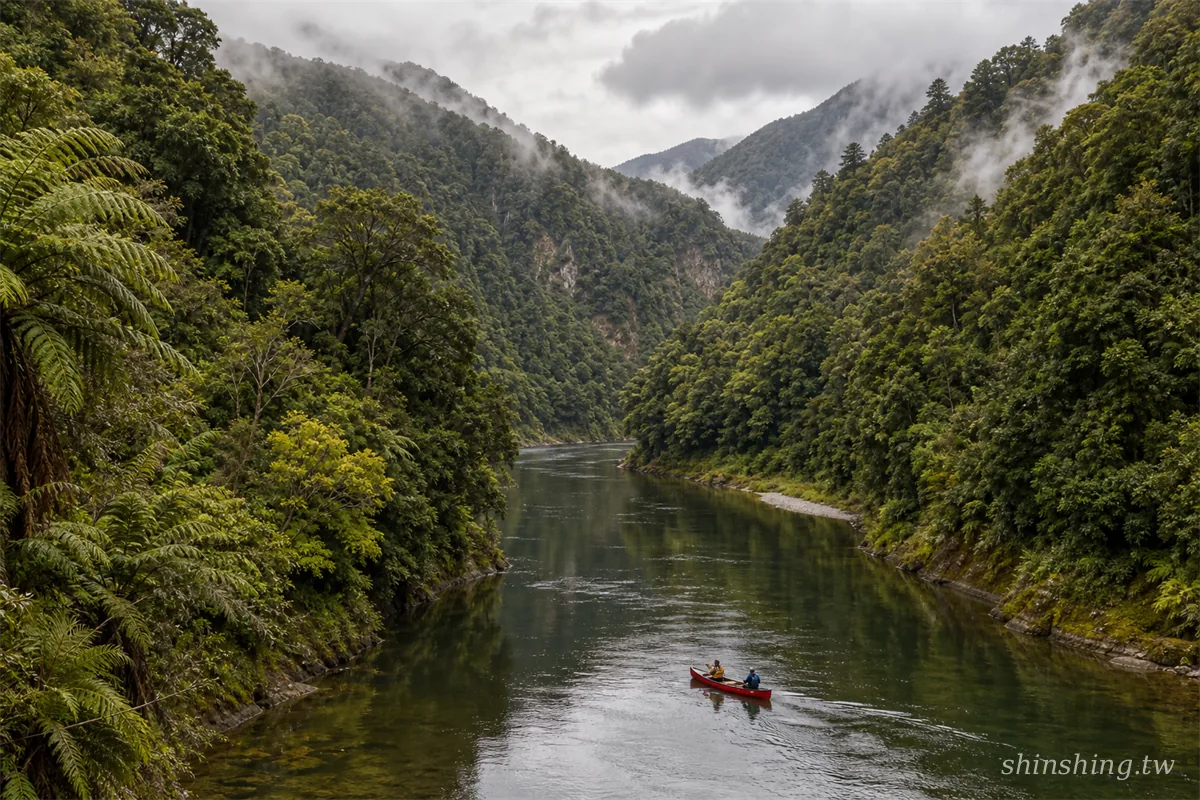 Whanganui River 流經原始森林峽谷,可搭獨木舟深入釣魚