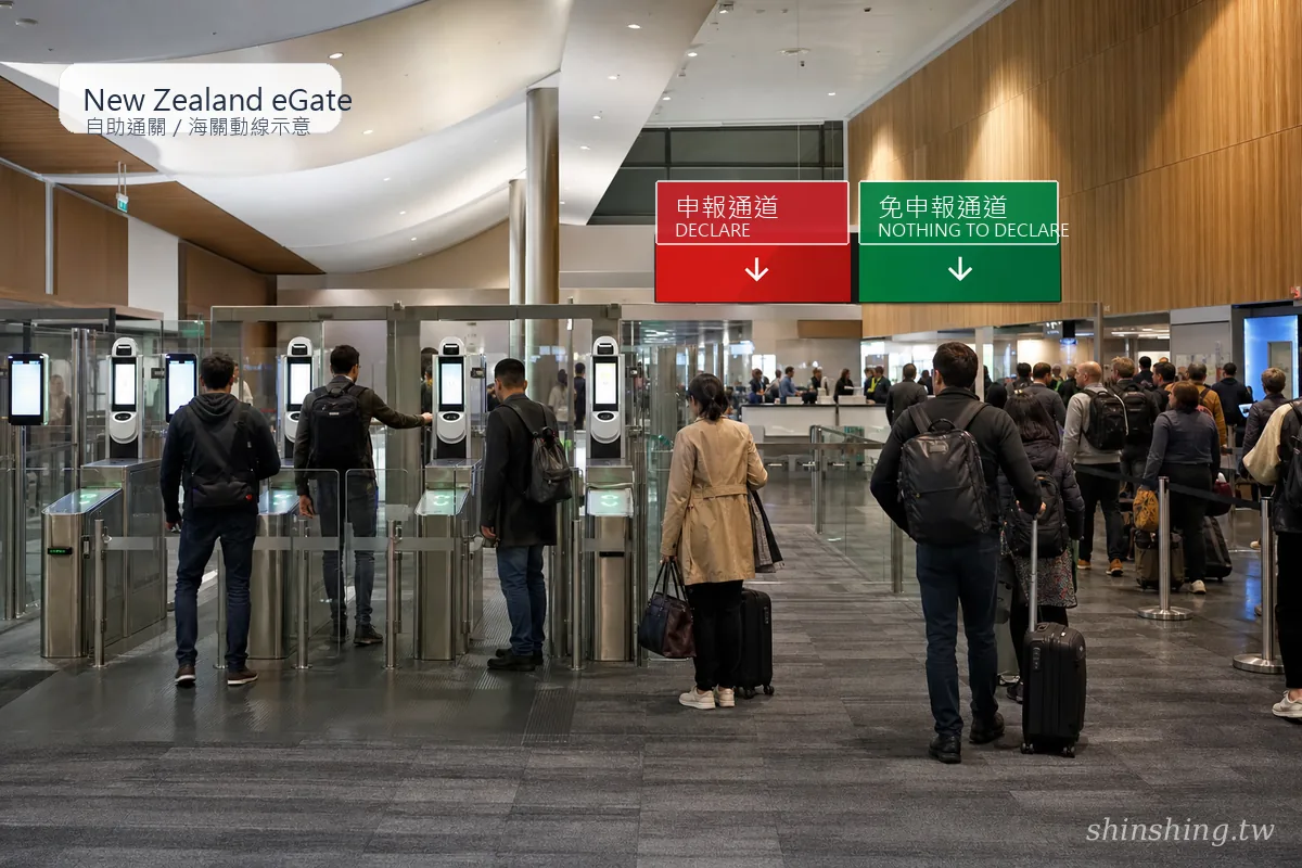 紐西蘭機場 eGate 自助通關閘門與申報/免申報紅綠通道指示