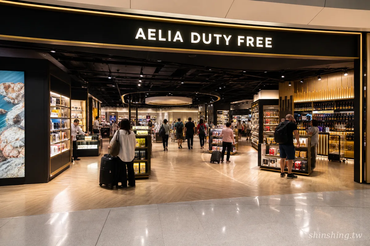 Aelia Duty Free 免稅店入口招牌與店內酒類、彩妝陳列