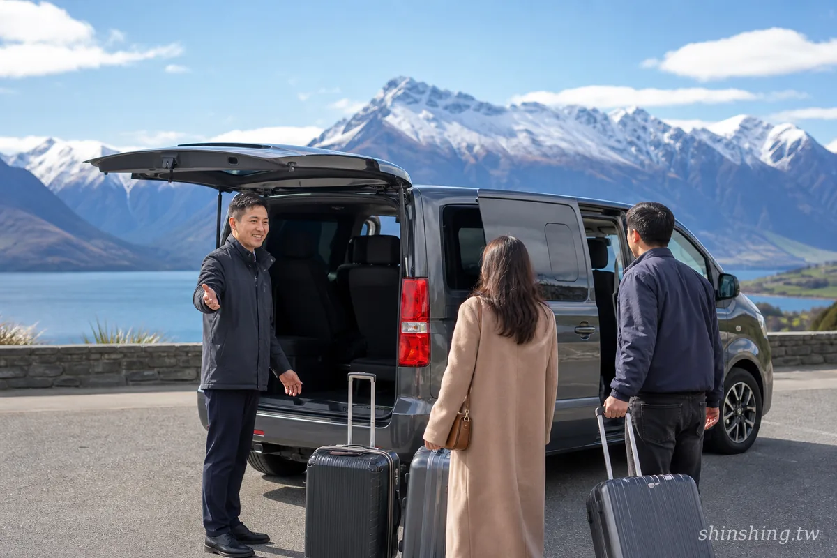 紐西蘭中文包車司機在皇后鎮觀景點迎接兩位帶行李的台灣旅客,廂型車後門開啟