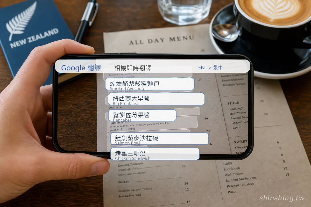 手機用 Google 翻譯相機即時翻譯,把紐西蘭咖啡廳的英文菜單即時翻成繁體中文
