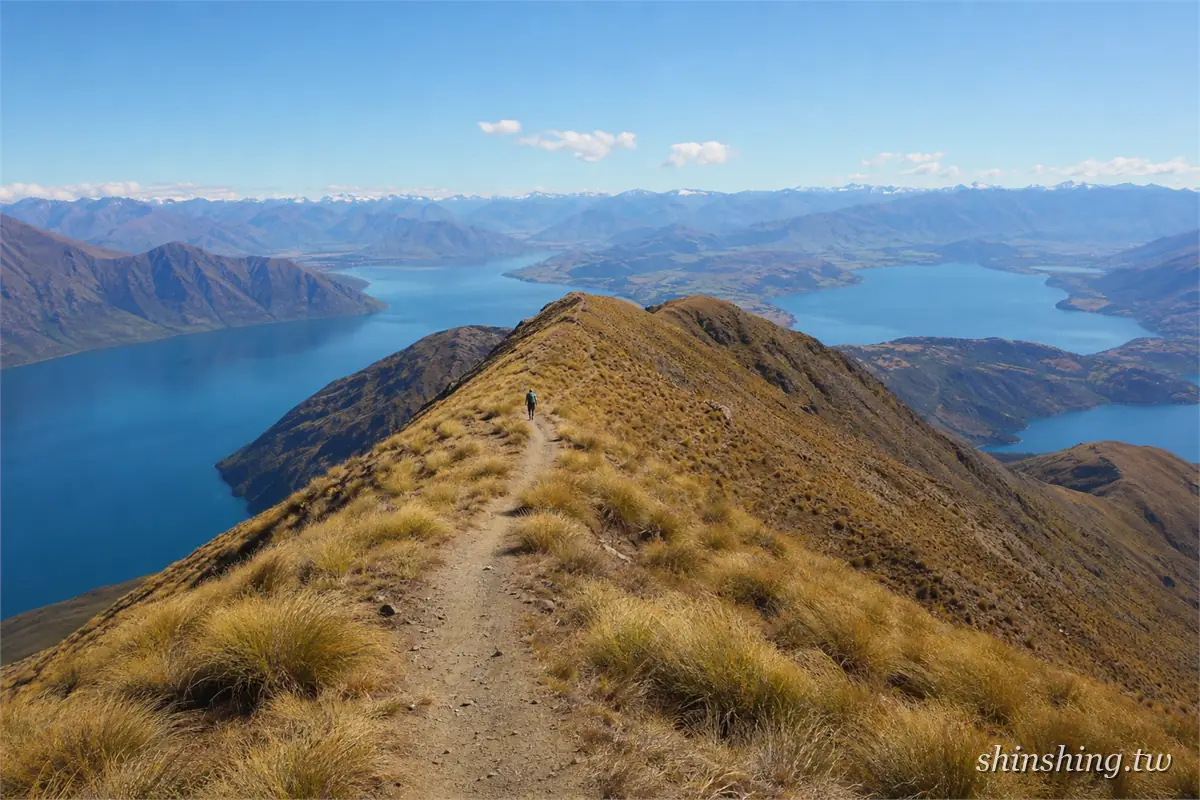 Isthmus Peak 稜線步道同時俯瞰 Lake Wānaka 與 Lake Hāwea