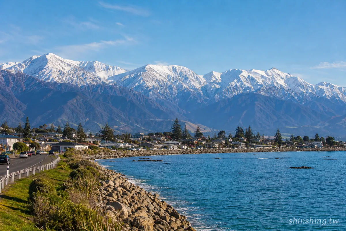 凱庫拉小鎮海灣與背後整排雪山，經典海濱小鎮景色