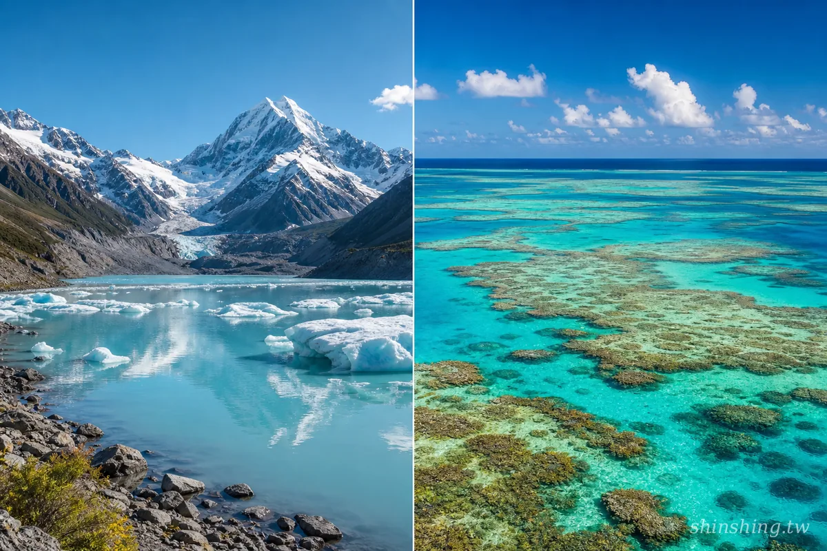 左為紐西蘭庫克山冰河湖浮冰雪峰、右為澳洲大堡礁淺灘珊瑚礁，紐西蘭與澳洲自然景觀對照
