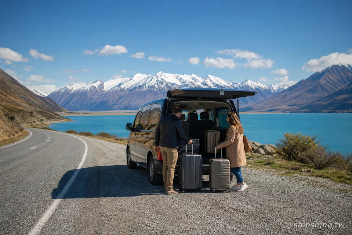 一對旅客在普卡基湖畔把行李搬上私人包車廂型車，背景是南阿爾卑斯雪山