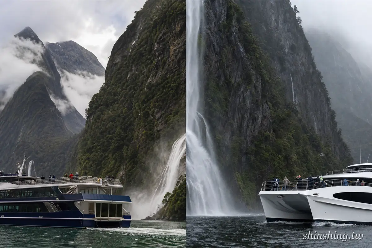 米佛峽灣兩種遊船對照：左為駛過 Mitre Peak 山腳的遊船，右為停在 Stirling Falls 瀑布前的雙體船