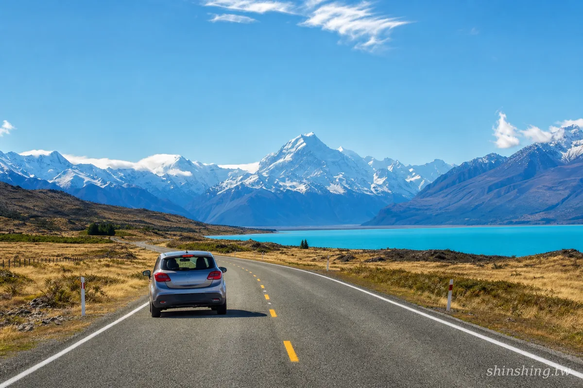 行駛在紐西蘭南島 SH80 公路上，前方是普卡基湖與庫克山（Aoraki/Mt Cook）雪山