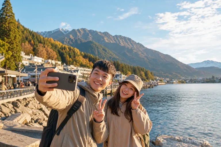 皇后鎮湖濱秋天，台灣旅人夫妻自拍合照，背後是金黃楓葉與雪山