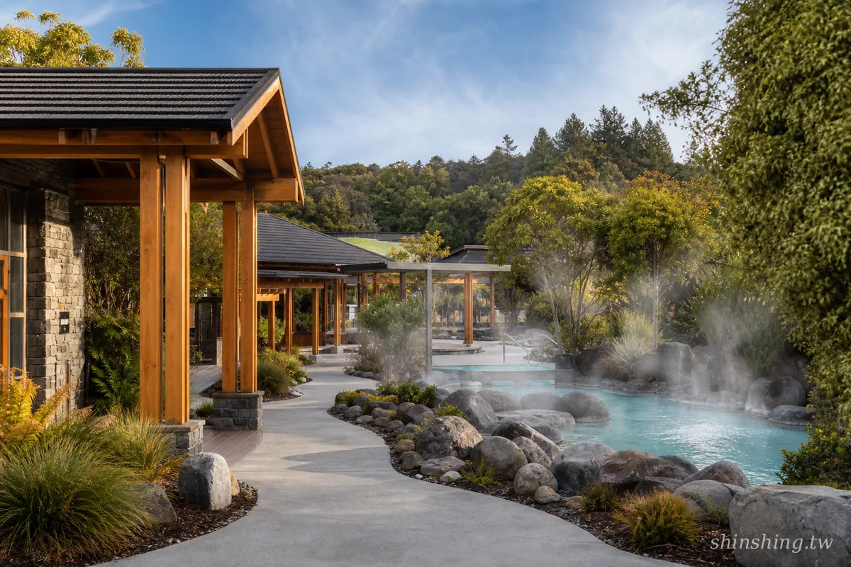 Taupo DeBretts 溫泉園區的露天溫泉池與蒸氣,池邊是木構休息區