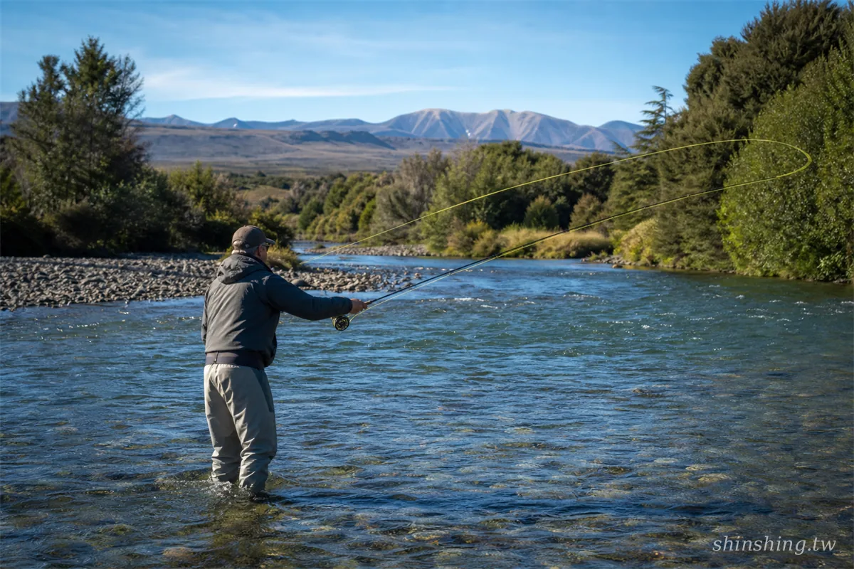 Tongariro River 飛蠅釣,釣客站在清澈溪流中甩竿