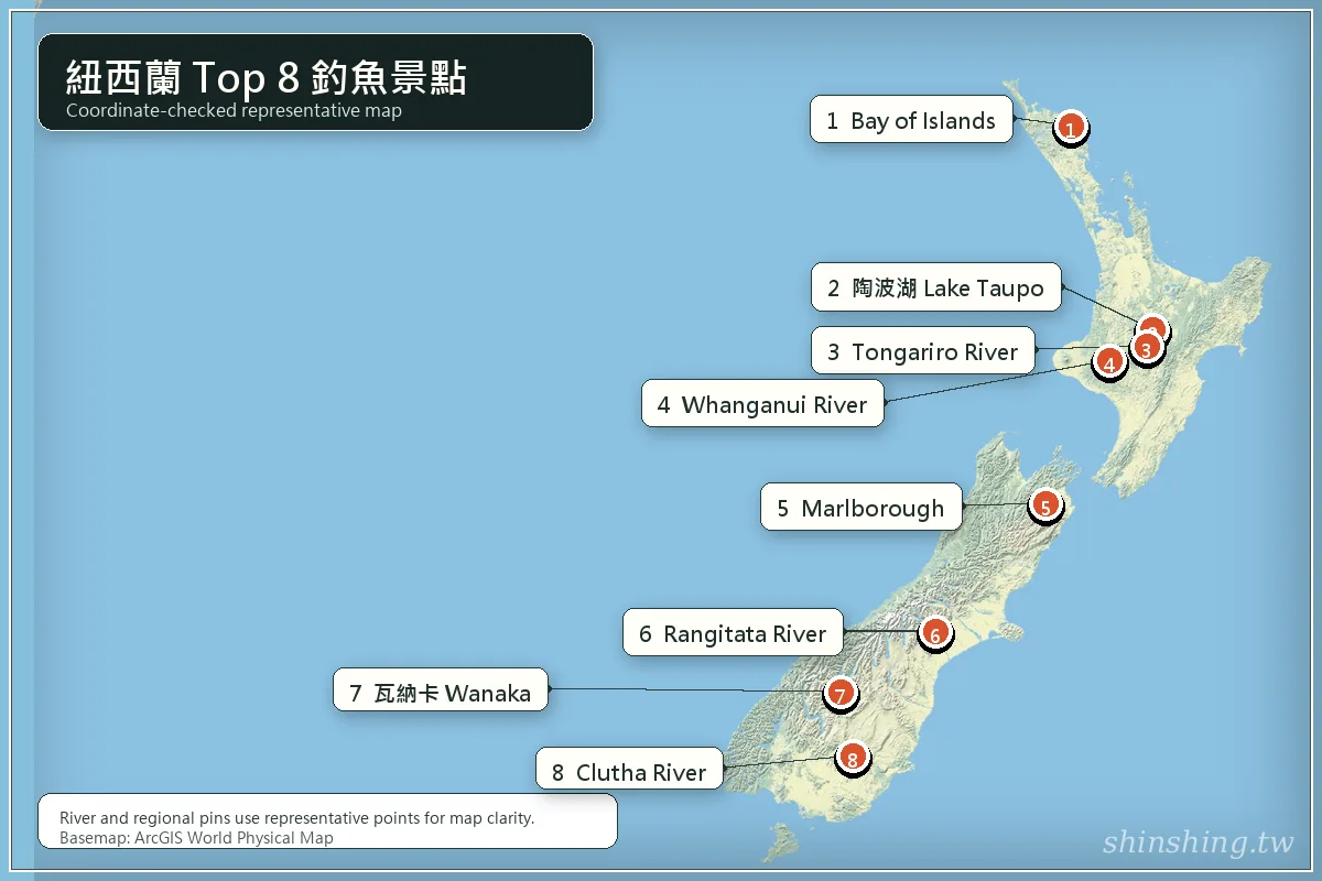 紐西蘭 Top 8 釣魚景點地圖,標示陶波湖、Tongariro River、Rangitata River、Clutha River、瓦納卡湖、Marlborough Sounds、Bay of Islands、Whanganui River 八個位置