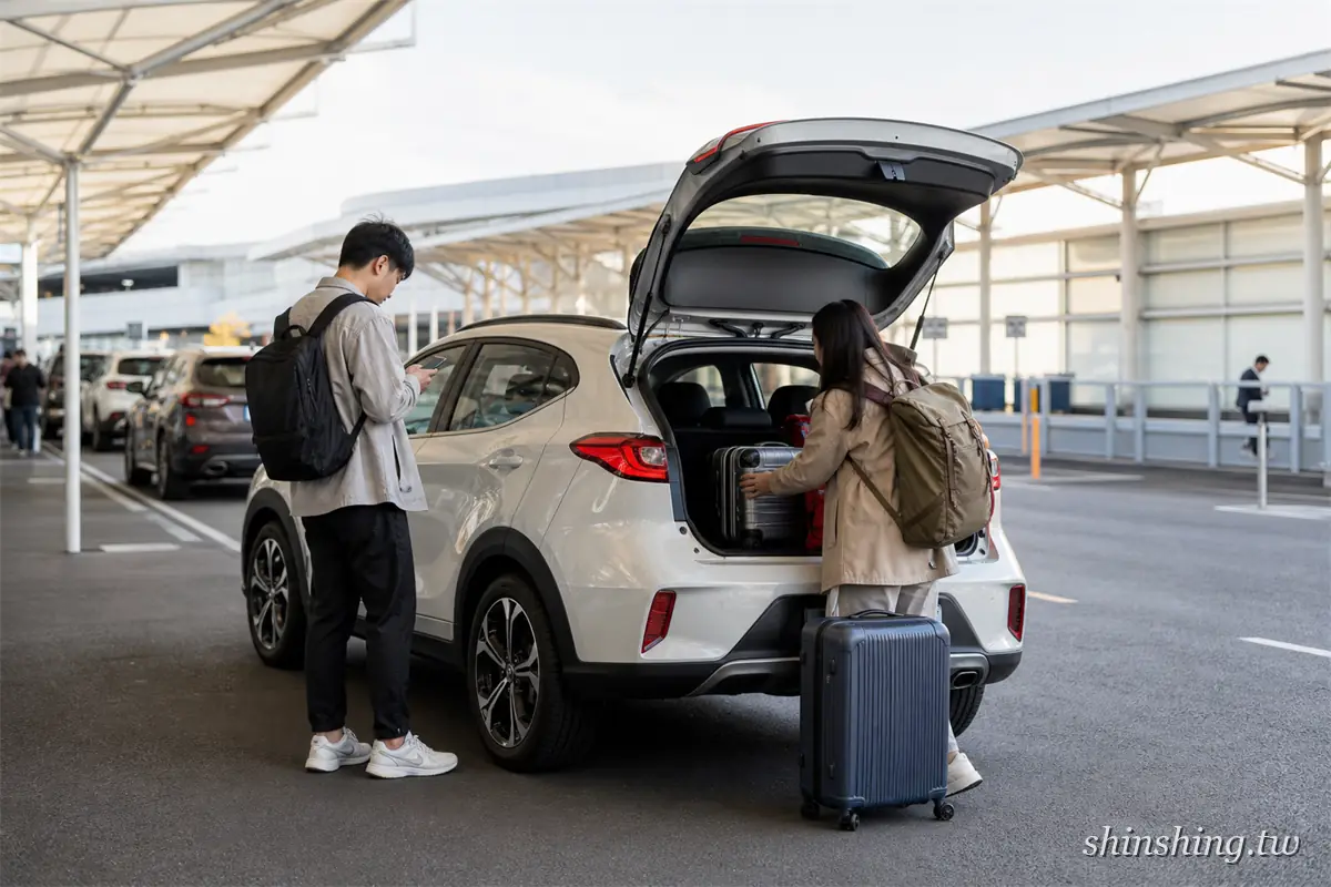 一對旅客在奧克蘭機場的有頂遮棚停車區把行李箱裝進白色休旅車後車廂,男生低頭看手機確認訂單